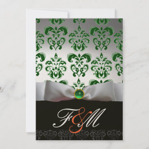 GREEN GOLD RIBBON & BLACK DAMASK MONOGRAM Orange Invitation