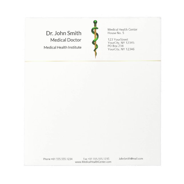 Green Gold Rod of Asclepius Medical Herbal Notepad (Front)