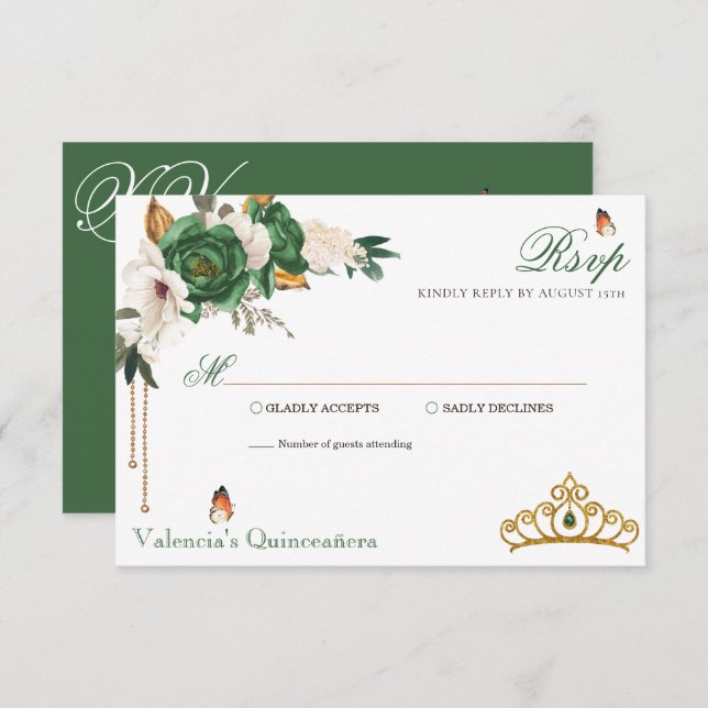Green Gold Roses Elegant Gold Tiara Quinceanera RSVP Card (Front/Back)