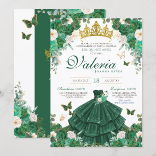 Green & Gold Roses Elegant Princess Quinceanera Invitation