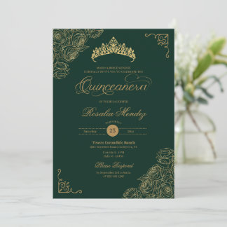 Green & Gold Roses Elegant Quinceañera Invitation