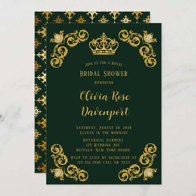 Green & Gold Royal Crown Damask Bridal Shower Invitation (Front/Back)