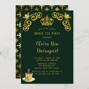 Green & Gold Royal Crown Damask Bridal Tea Party Invitation