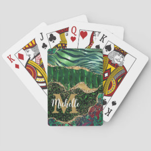 Green & Gold Safari Animal Glitter Agate Monogram Playing Cards
