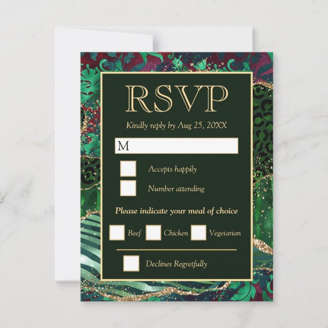 Green & Gold Safari Animal Glitter Agate Wedding RSVP Card (Front)