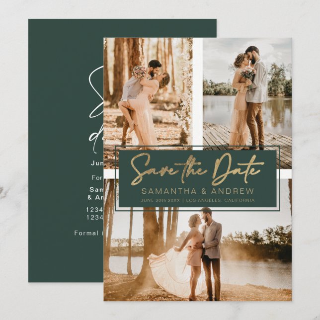 Green gold save the date 3 photo grid collage (Front/Back)
