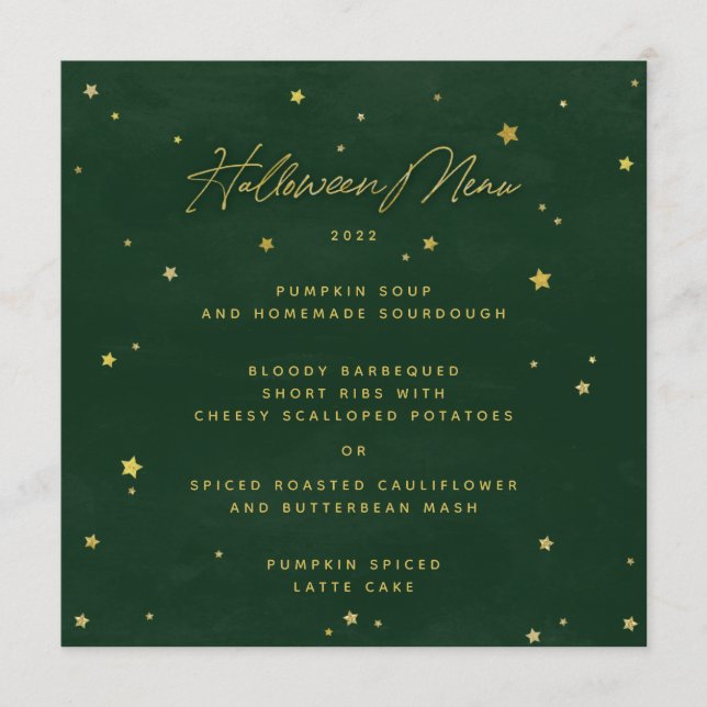Green/Gold Scattered Stars Square/Round Halloween Menu (Front)