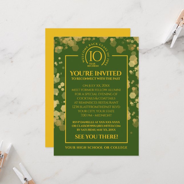 Green & Gold School Class Reunion Invitation (Front/Back In Situ)