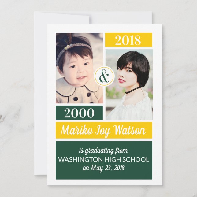 Green Gold School Colours Then and Now Graduation Invitation (Front)