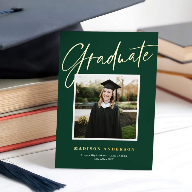 Green + Gold Script Photo Graduation Announcement (Creator Uploaded)