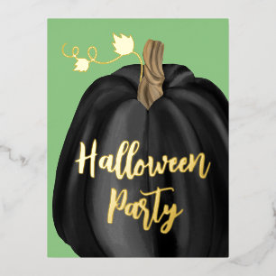 Green Gold Script Pumpkin Halloween Party Foil Invitation Postcard