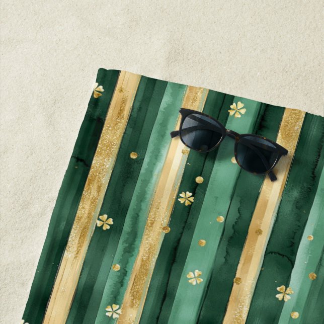 Green Gold Shamrock St. Patrick's Day Stripes Beach Towel (In Situ)