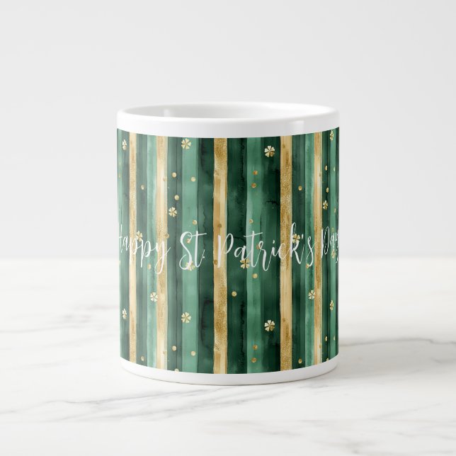 Green Gold Shamrock St. Patrick's Day Stripes Large Coffee Mug (Front)