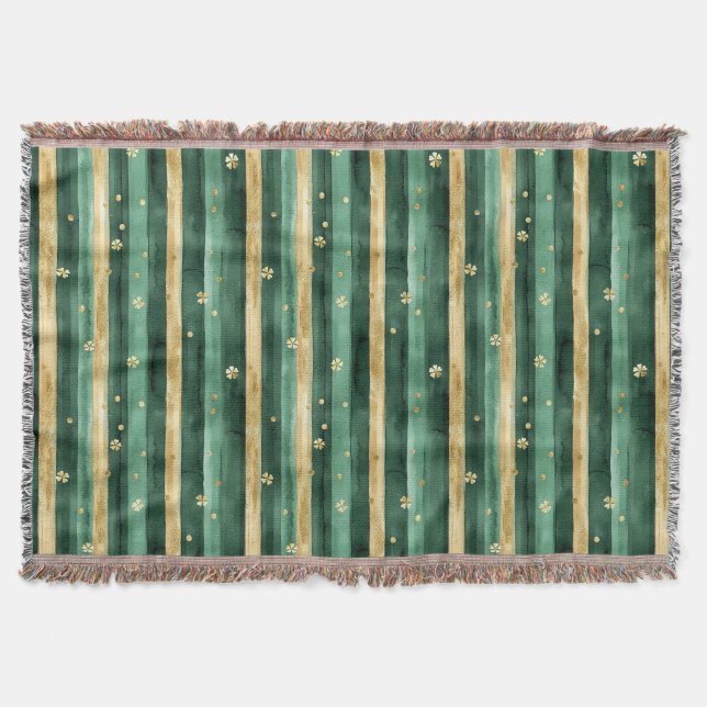 Green Gold Shamrock St. Patrick's Day Stripes Throw Blanket (Front)