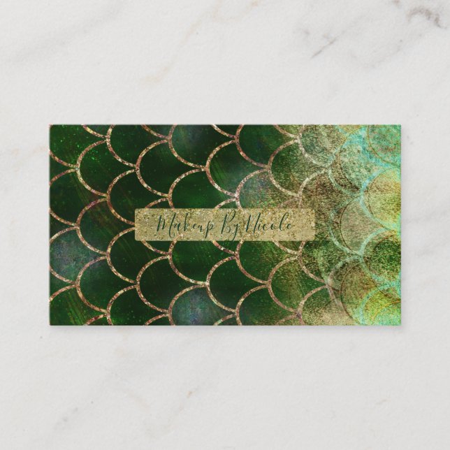 Green & Gold Shimmer Mermaid Fish Scales Business Card (Front)