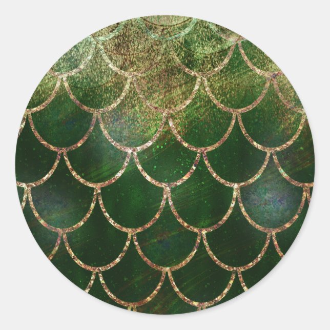 Green & Gold Shimmer Mermaid Fish Scales Classic Round Sticker (Front)