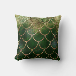 Green & Gold Shimmer Mermaid Fish Scales Cushion