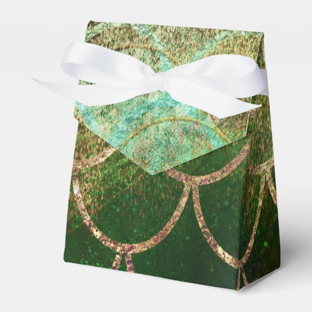 Green & Gold Shimmer Mermaid Fish Scales Favour Box (Front Side)