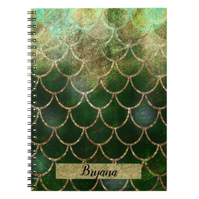 Green &amp; Gold Shimmer Mermaid Fish Scales Notebook (Front)