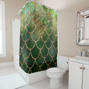 Green & Gold Shimmer Mermaid Fish Scales Shower Curtain