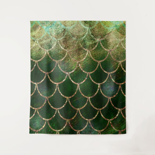 Green & Gold Shimmer Mermaid Fish Scales Tapestry (Front)