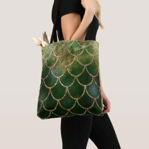 Green & Gold Shimmer Mermaid Fish Scales Tote Bag