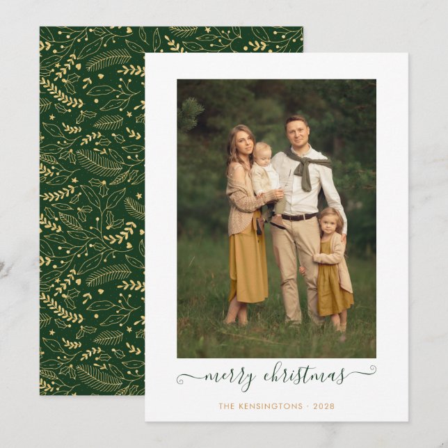 Green Gold Simple Script Merry Christmas Photo Hol Holiday Card (Front/Back)