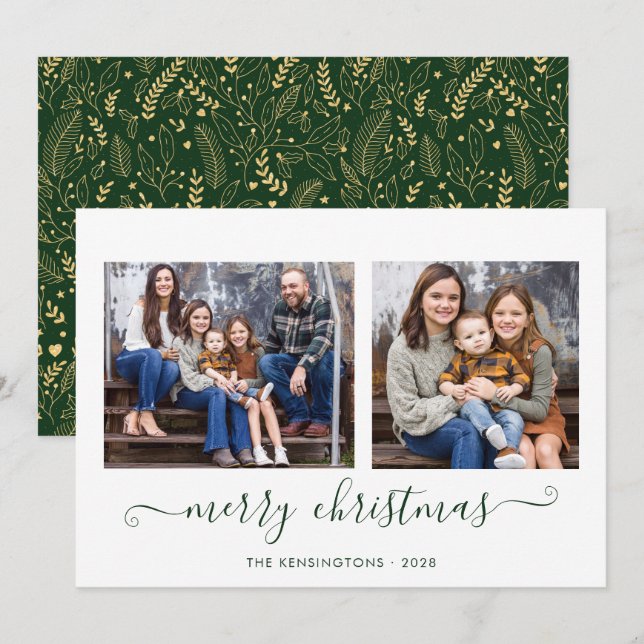 Green Gold Simple Script Merry Christmas Photo Holiday Card (Front/Back)