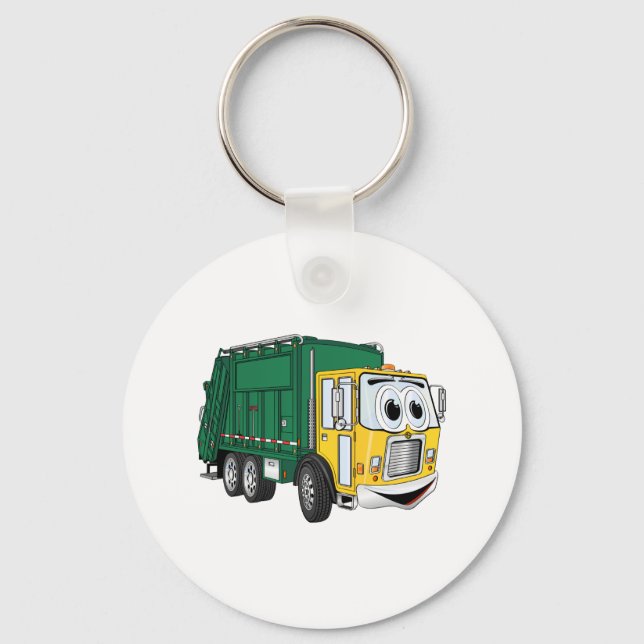 Green Gold Smiling Garbage Truck Cartoon Key Ring (Front)