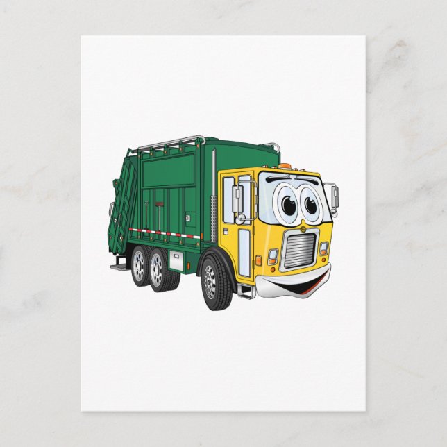Green Gold Smiling Garbage Truck Cartoon Postcard (Front)