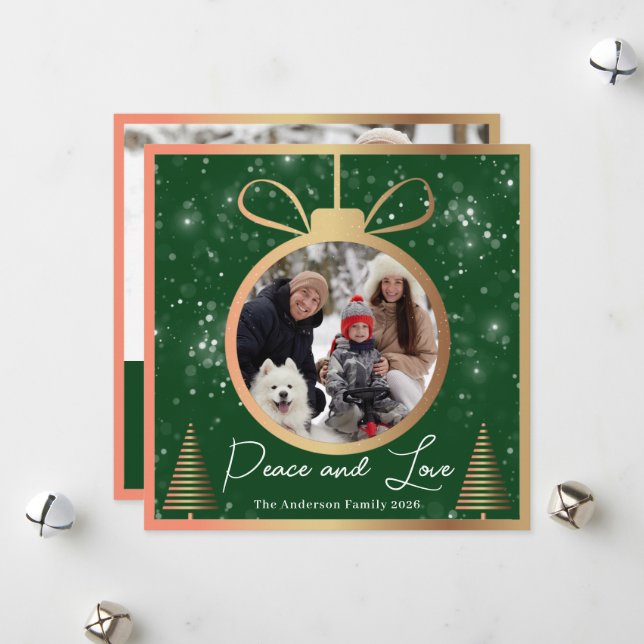 Green Gold Snow Christmas Ornament 2 Photo Holiday Card (Front/Back In Situ)