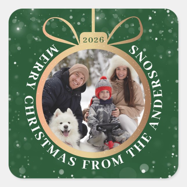 Green Gold Snow Christmas Ornament Holiday Photo Square Sticker (Front)