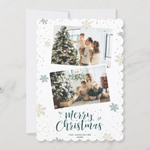 Green Gold Snowflake 2 Photo Merry Christmas Holiday Card