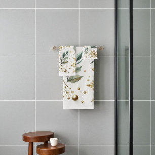 Green Gold Snowflake Floral Holiday Bath Towel Set