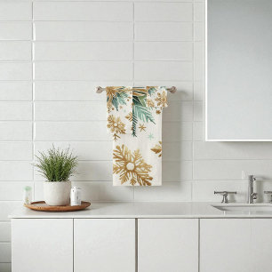 Green Gold Snowflake Floral Holiday Bath Towel Set