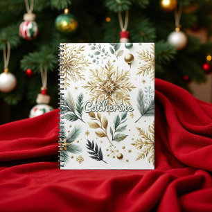 Green Gold Snowflake Floral Holiday Notebook