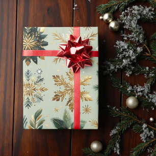 Green Gold Snowflake Holiday Luxury Modern Wrapping Paper