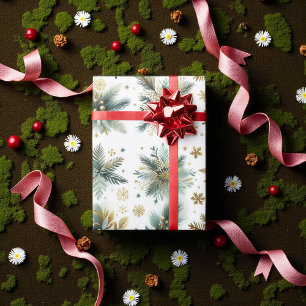 Green Gold Snowflake Holiday Luxury Watercolor Wrapping Paper