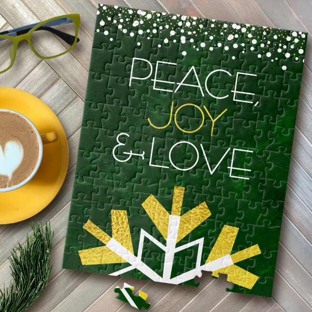 Green Gold Snowflake Peace Joy Love Quote Modern Jigsaw Puzzle (Creator Uploaded)