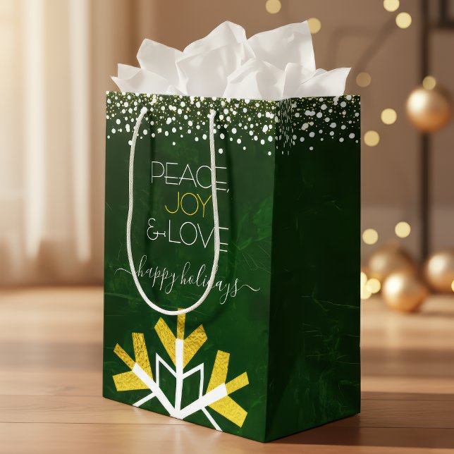 Green Gold Snowflake Peace Joy Love Typography Medium Gift Bag (Creator Uploaded)