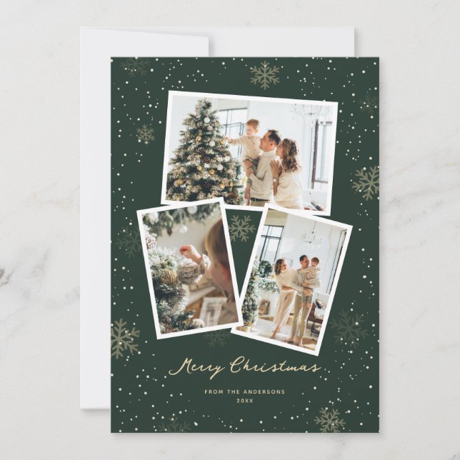 Green Gold Snowflake Photo Merry Christmas Card (Front)