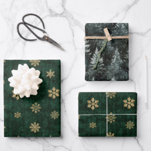 Green Gold Snowflakes Christmas Trees Wrapping Paper Sheet