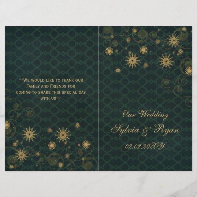 green gold Snowflakes wedding programs folded (Front)