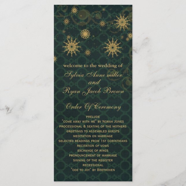 green gold Snowflakes wedding programs tea length (Front)