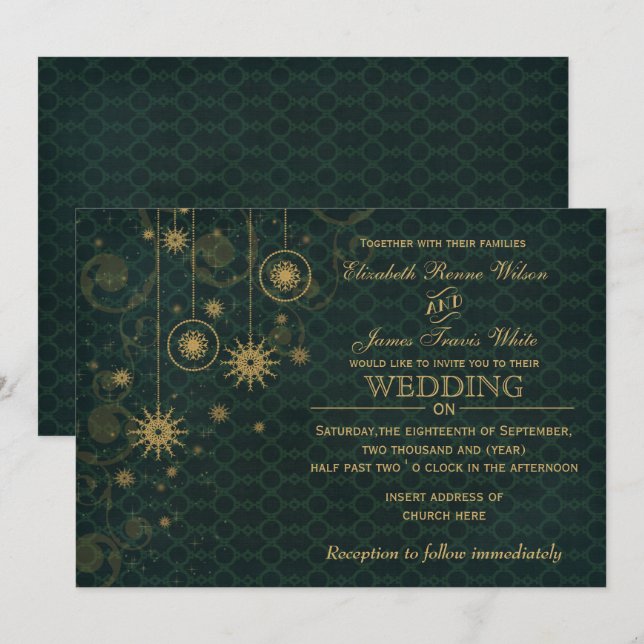 green gold Snowflakes Winter wedding invitations (Front/Back)