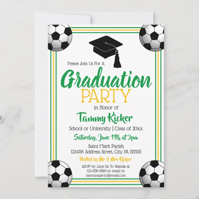 Green & Gold Soccer Graduation Party Invitation (Front)