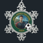 Green Gold Soccer Player Photo High School Snowflake Pewter Christmas Ornament<br><div class="desc">This cool customized high school soccer player photo gift features gold typography of your team and player name on a green Christmas ornament with a soccer ball. Personalize with your student's photograph and class year as a proud futbol parent for a commemorative keepsake.</div>