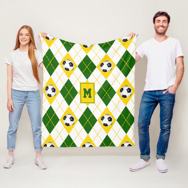 green gold soccer team colours argyle pattern fleece blanket (In Situ)