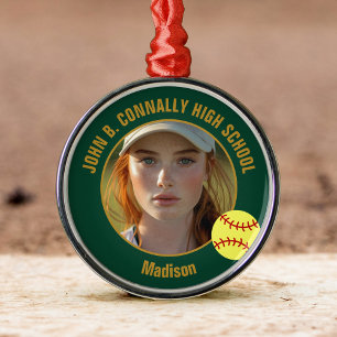 Green Gold Softball Player Photo Christmas Metal Ornament