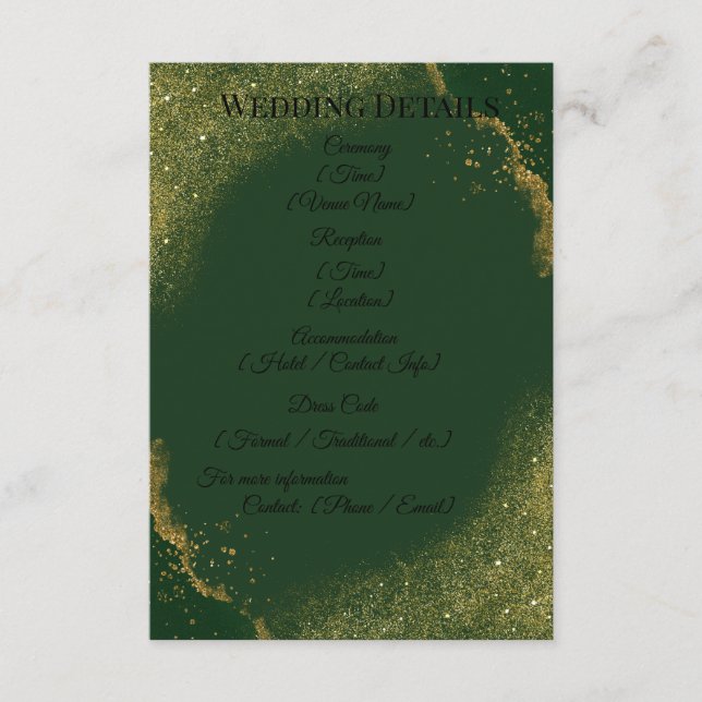 Green & Gold Spark Wedding Details Card (Front)